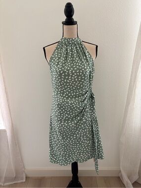 SHEIN Sage Green Halter Printed Wrap Mini Dress
